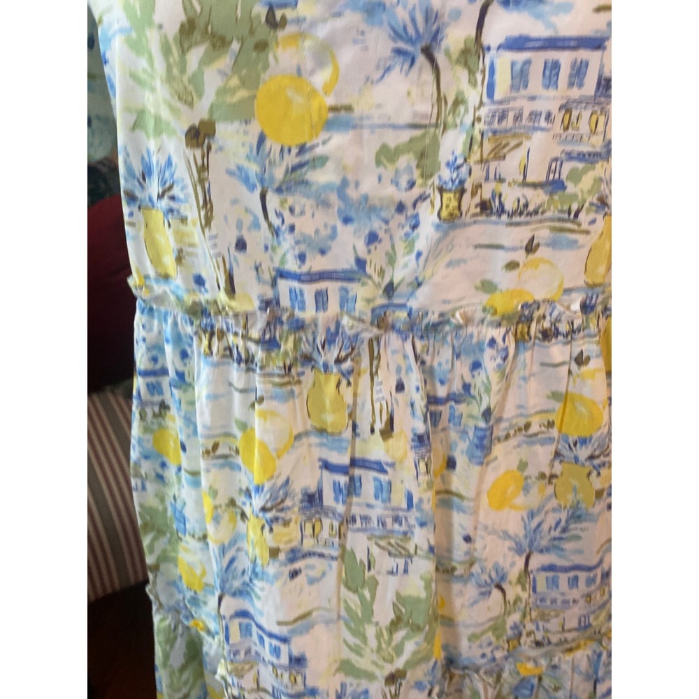 Avara Mediterranean Lemon Print Tiered Mini Dress Blue Yellow Sz s boho Cottage - Picture 6 of 10